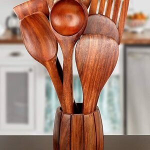7 PCS Eco Friendly High Quality Natural Wooden Spoons and Spatula for Cooking, Sleek, Sold and Non-Stick Cookware for Home Use and Kitchen Décor